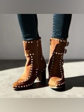 Vanity Faux Suede Brown Heeled Harper Boot with Gold Studs and Buckle Detail